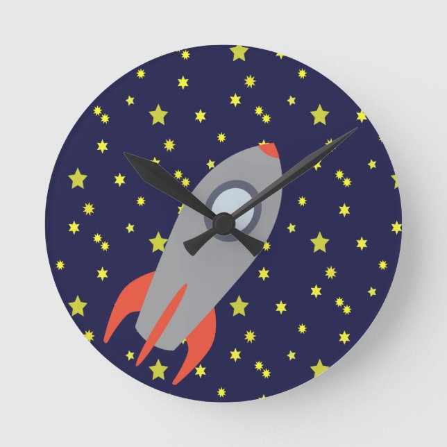 Retro Rocket Ship with Star Pattern Background Runde Wanduhr (Vorderseite)