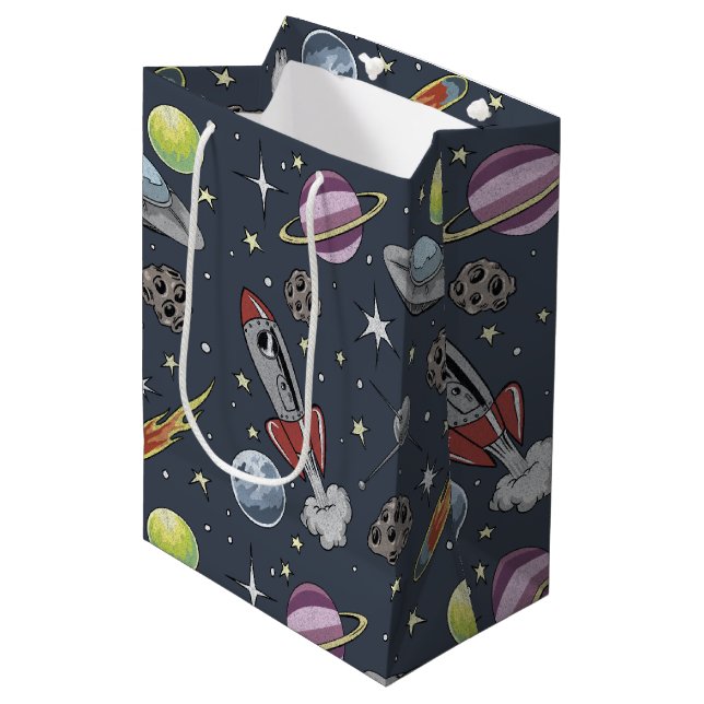 Retro Rockets Mittlere Geschenktüte (Vorderseite Schrägansicht)