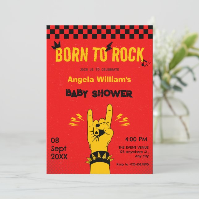 Retro Rockmusik Rot-Gelbe Babydusche Einladung (Stehend Vorderseite)