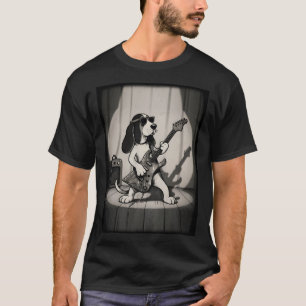 Retro Rockstar Basset Hound Gitarrist Monochrom T-Shirt