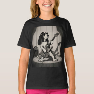 Retro Rockstar Basset Hound Gitarrist Monochrom T-Shirt