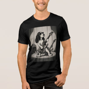 Retro Rockstar Basset Hound Gitarrist Monochrom Tri-Blend Shirt