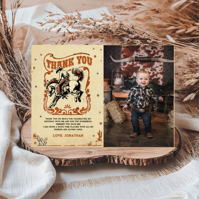 Retro Rodeo Western Cowboy Birthday Foto Dankeskarte (Von Creator hochgeladen)