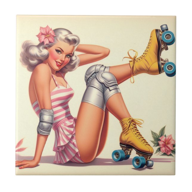 Retro Roller Girl Button Up Fliese (Vorderseite)