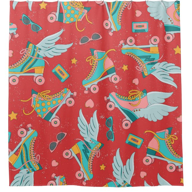 Retro Roller Skate: Hellroter Hintergrund Duschvorhang (Vorderseite)