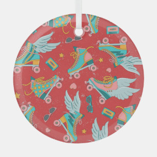 Retro Roller Skate: Hellroter Hintergrund Ornament Aus Glas