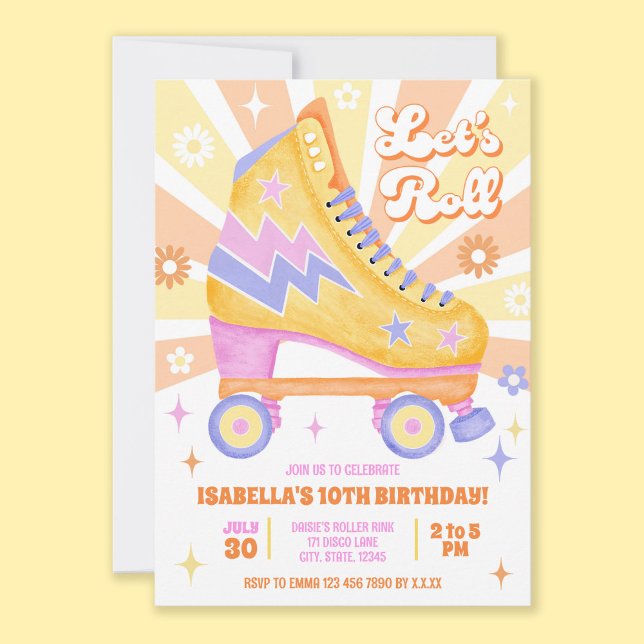 Retro-Roller-Skaten-Party Einladung (All the retro vibes for this roller disco birthday party invitation themed in yellow and orange.)