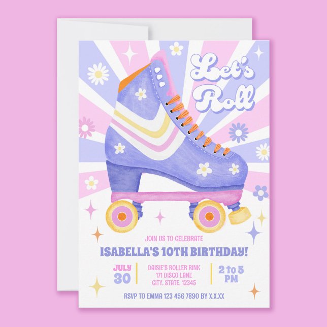 Retro-Roller-Skaten-Party Einladung (Have fun customising this pink and purple themed retro roller skate invitation!)