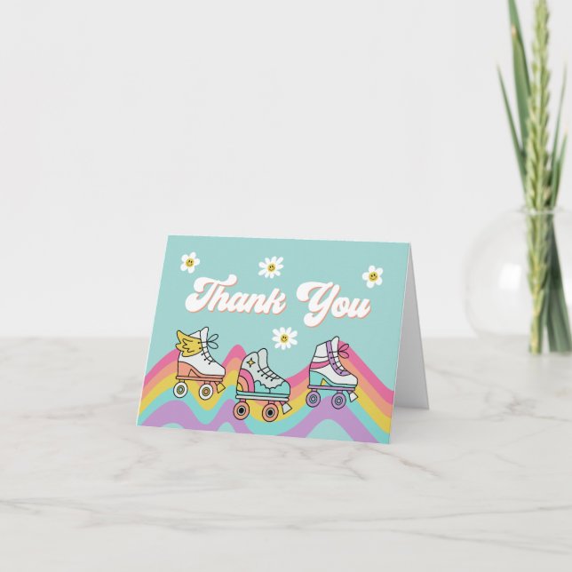 Retro Roller Skaten Rainbow Birthday Vielen Dank Dankeskarte (Vorderseite)