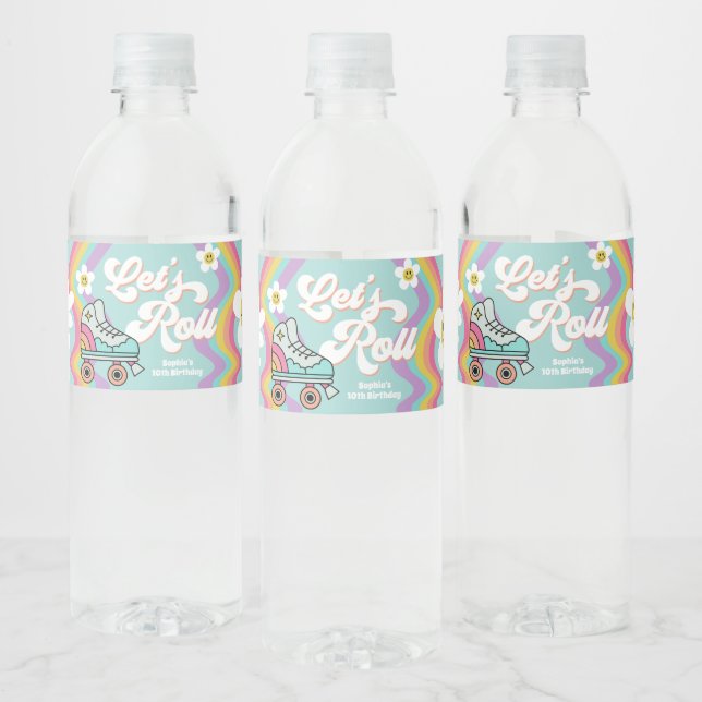 Retro Roller Skaten Rainbow Birthday Water Labels (Flaschen)