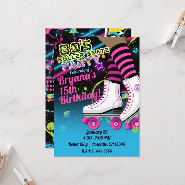 Retro Roller Skaten Skate Dark Skin Party der 80er Einladung (Vorderseite/Rückseite Beispiel)