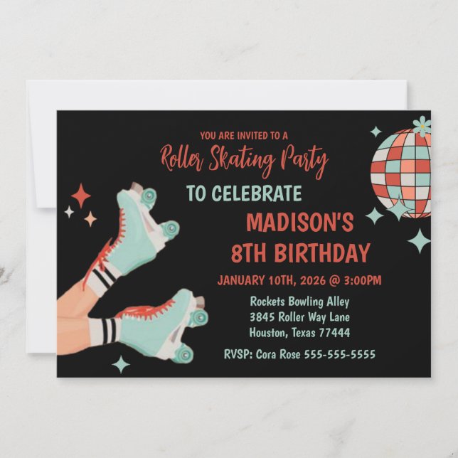Retro Roller Skating Birthday Party Invitation (Devant)