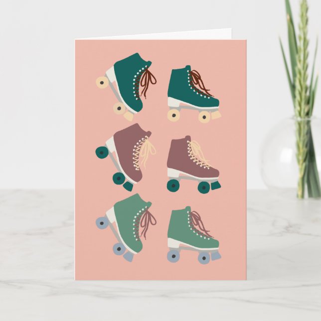 Retro Rollerskates Green Dusty Pink Karte (Vorderseite)