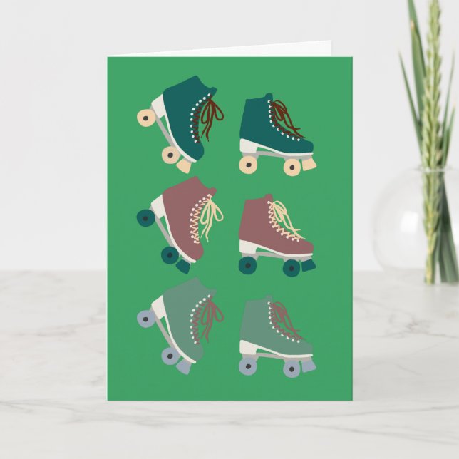 Retro Rollerskates Green Dusty Pink Karte (Vorderseite)