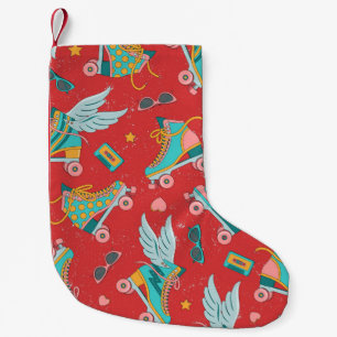 Retro-Rollschuhe: Helles rotes Hintergrundbild Kleiner Weihnachtsstrumpf
