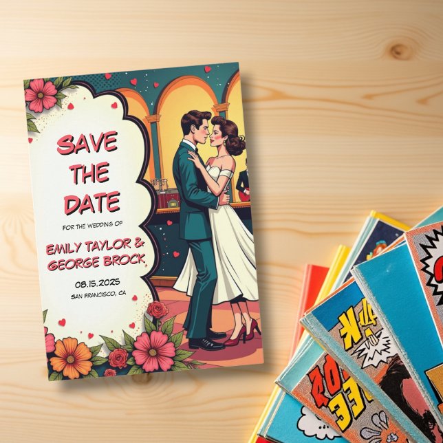 Retro Romantic Couple Dance Comic Style Wedding Save The Date (Von Creator hochgeladen)