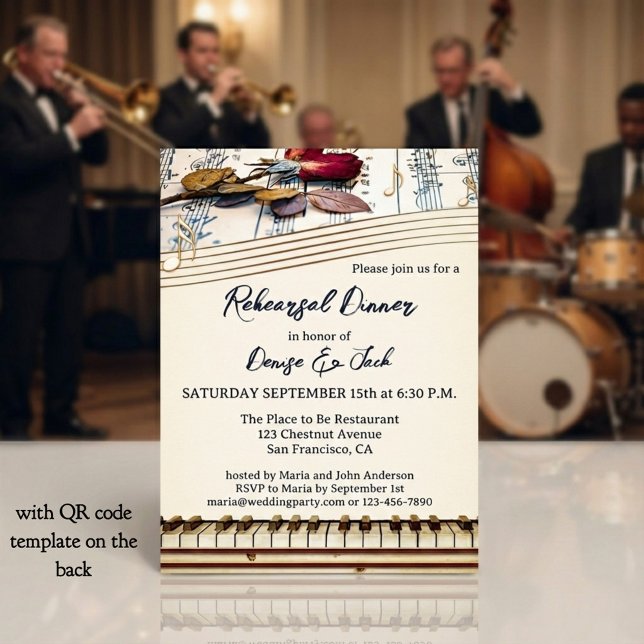 Retro Romantic Music Themed Rehearsal Dinner Einladung (Elegant retro music themed wedding rehearsal dinner invitation with roses and a piano keyboard)