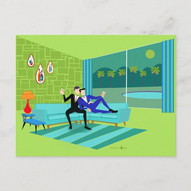 Retro Romantique Gay Couple Postcard Invitation (Devant)