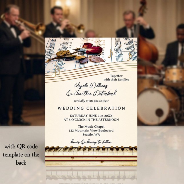 Retro romantische klassische Musik-Rosen-Hochzeit Einladung (Music themed wedding invitation with vintage roses and a piano keyboard - with QR code template)
