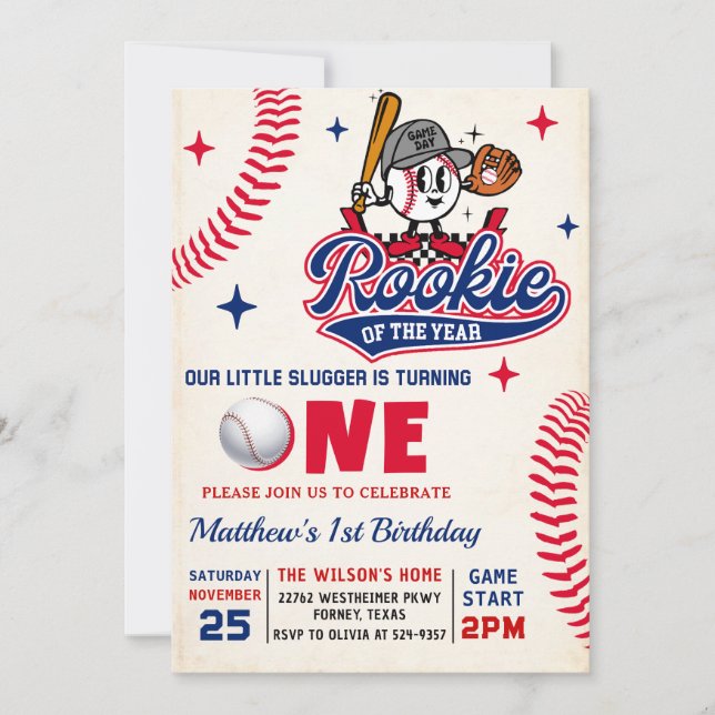 Retro Rookie Baseball 1. Geburtstag Foto Einladung (Vorderseite)
