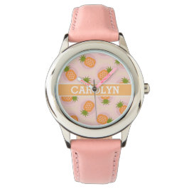 Retro-rosa Ananas-Ananas-Muster, Monogramm Armbanduhr