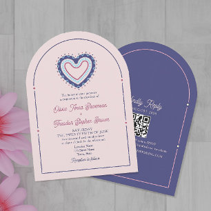 Retro Rosa & Blau Bogen Hochzeits-Einladung + QR Einladung