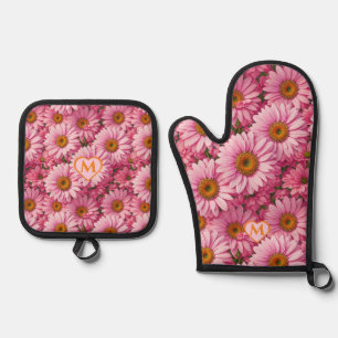 Retro rosa Blumenmuster mit Gänseblümchen Ofenhandschuh & Topflappen-Set