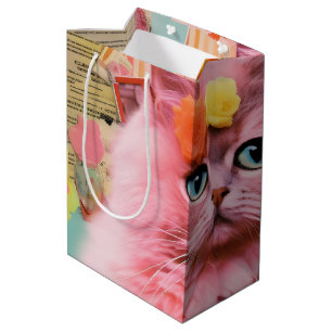 Retro Rosa flauschige Katzen Collage Mittlere Geschenktüte