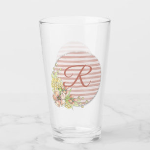 Retro Rosa Floral Stripe Design Monogramm trinken Glas