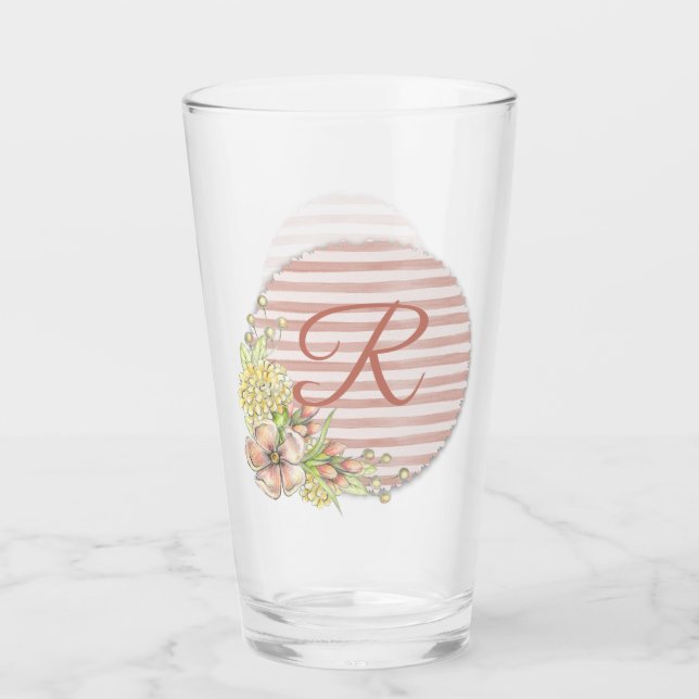 Retro Rosa Floral Stripe Design Monogramm trinken Glas (Vorderseite)