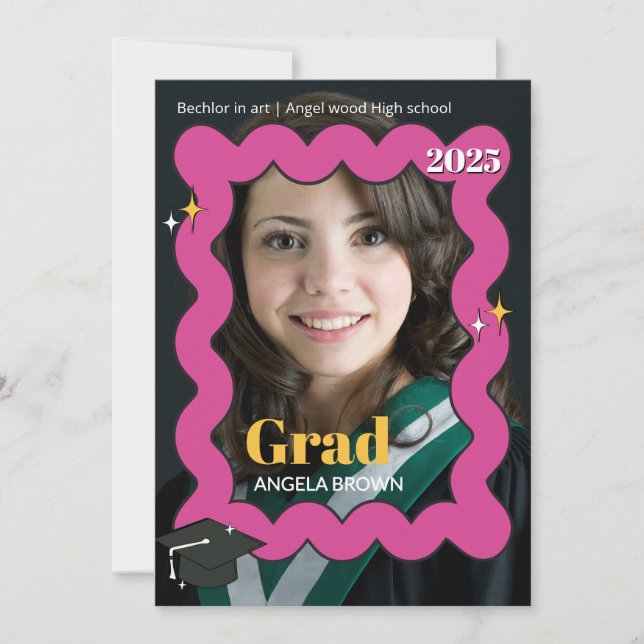 Retro rosa gezackter Abschluss einladen Ankündigung (Vorderseite)