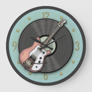Retro-Rosa-Gitarre und Vinyl-Schallplatten-Wanduhr Große Wanduhr