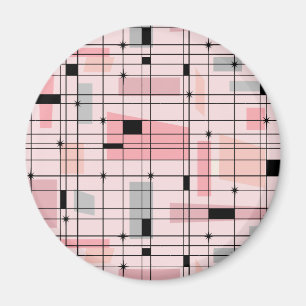 Retro rosa Gitter-und Sternexplosion-runder Magnet