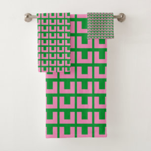 Retro Rosa Grüne geometrische Mitte Jahrhundert Mo Badhandtuch Set