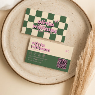 Retro Rosa Grüner QR-Code Groovy Karierter Funky Visitenkarte