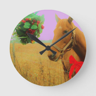 Retro rosa Himmel Weihnachtspferd Runde Wanduhr