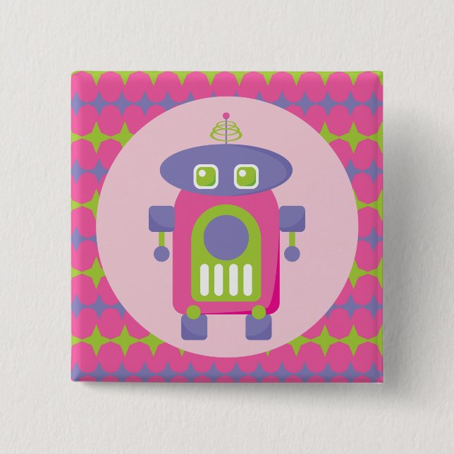 Retro rosa, lila und grüner Roboter mit Sternen Button (Vorderseite)