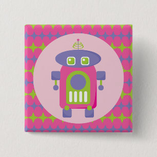 Retro rosa, lila und grüner Roboter mit Sternen Button