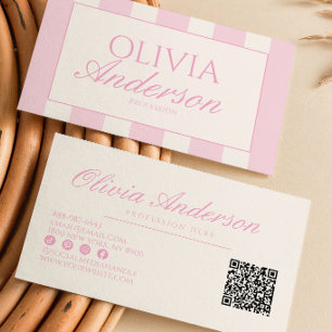 Retro Rosa Luxus Altes Geld Gestreiftes Mädchen-QR Visitenkarte