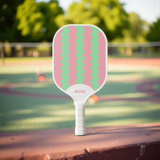 Retro Rosa & Mintgrün 70er/90er Streifen & Schläng Pickleball Schläger