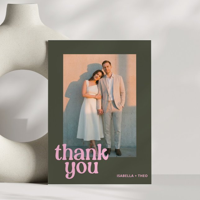 Retro-Rosa-Oliv-Foto-Bold-Groovy-Moderne-Hochzeit Dankeskarte (Von Creator hochgeladen)