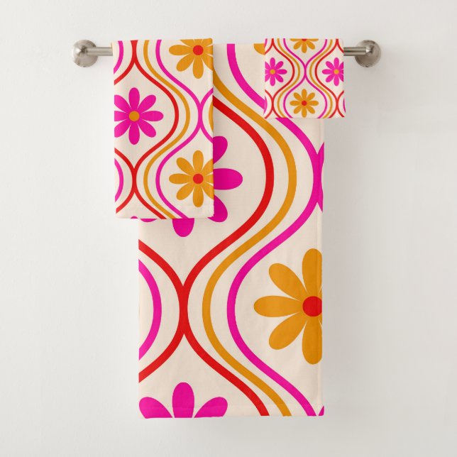 Retro Rosa Orange Blume auf Ogee Muster Badhandtuch Set (Insitu)