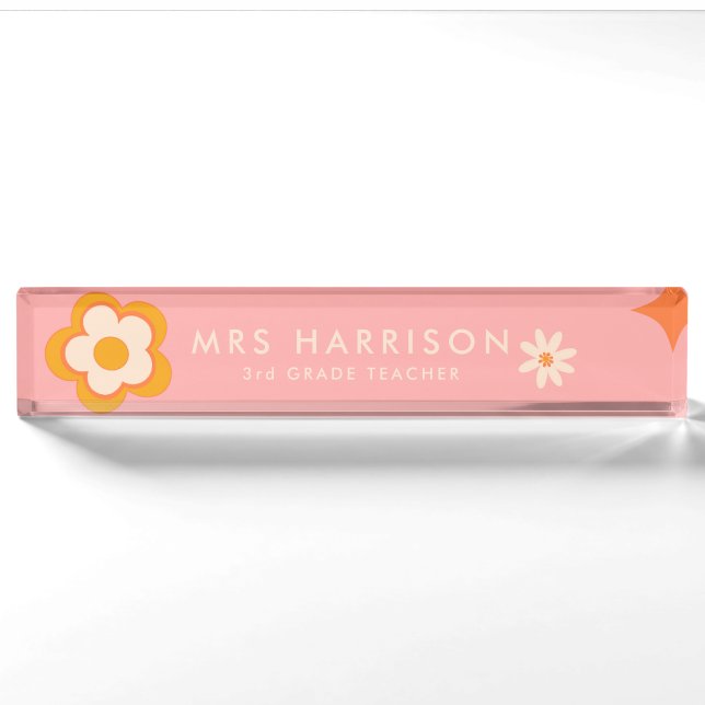 Retro rosa orange Daisy Lehrer Schreibtisch Namens Namensplakette (Vorderseite)