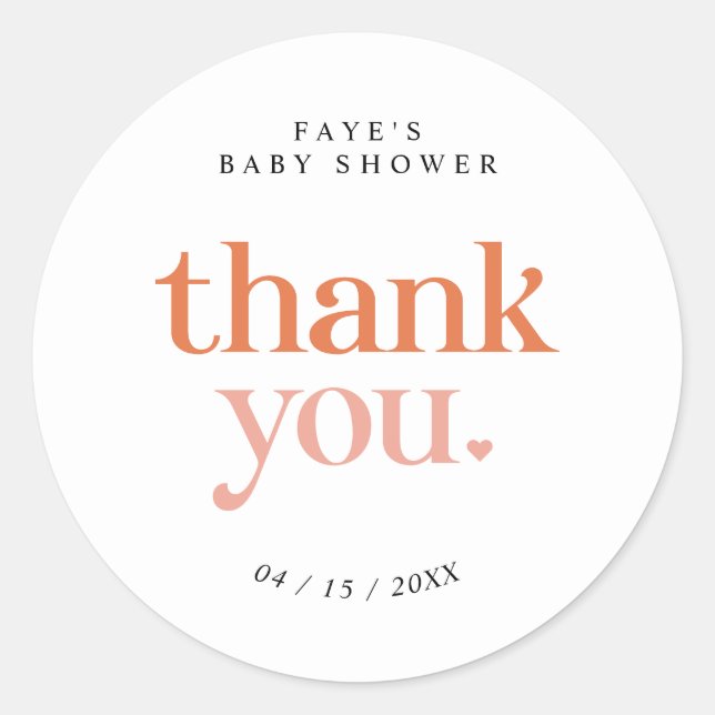Retro Rosa Orange | Danke, Baby Showfavor Runder Aufkleber (Vorderseite)