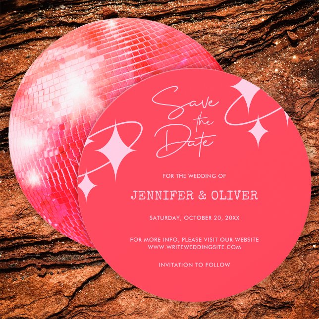 Retro Rosa Orange Disco Ball Wedding Save the Date Einladung (Front and Back)