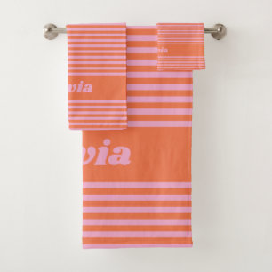 Retro Rosa Orange Streifen Personalisierter Name Badhandtuch Set