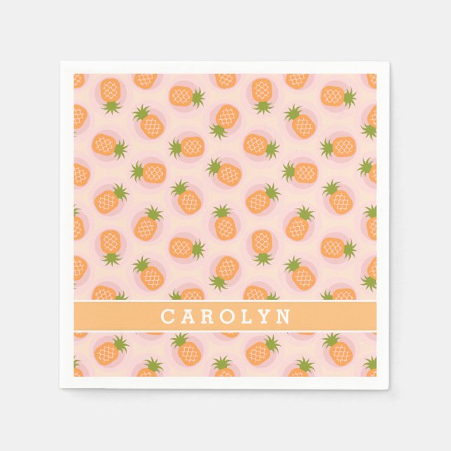 Retro rosa orangefarbene Ananasmuster Monogramm Serviette (Vorderseite)