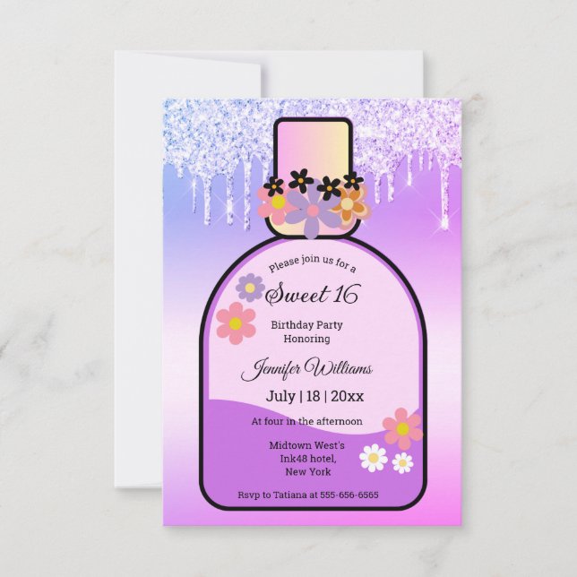 Retro-Rosa Parfüm süße 16 tropfende Glitzer Einladung (Vorderseite)