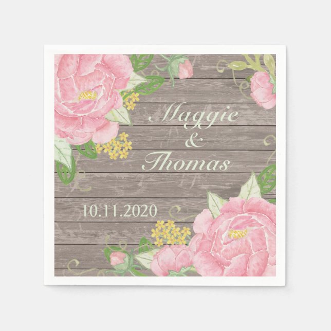 Retro Rosa Péony auf Holz Hochzeit Napkins Serviette (Vorderseite)