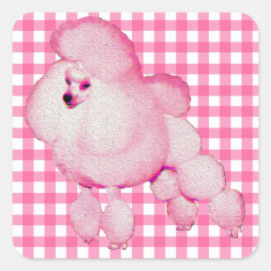 Retro rosa Pudel-Gingham-Aufkleber Quadratischer Aufkleber